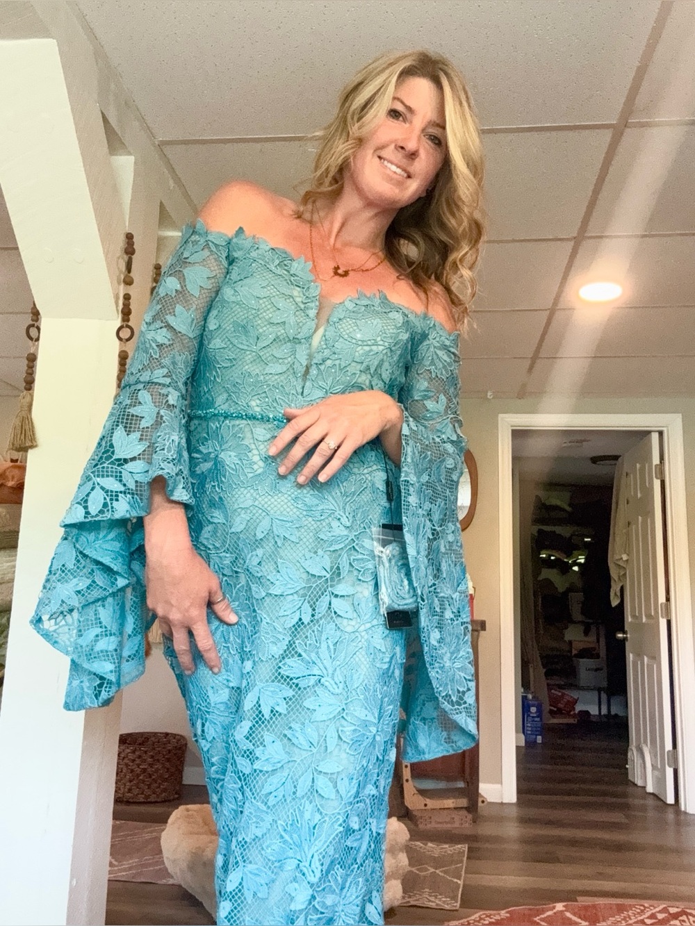 Off-Shoulder Blue Lace Mermaid Prom Dress